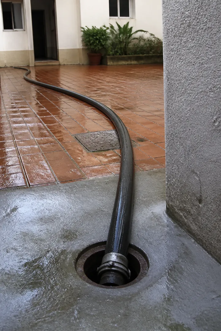 Manguera de desatasco trabajando en el patio de una comunidad de Zaragoza, sin abrir el suelo